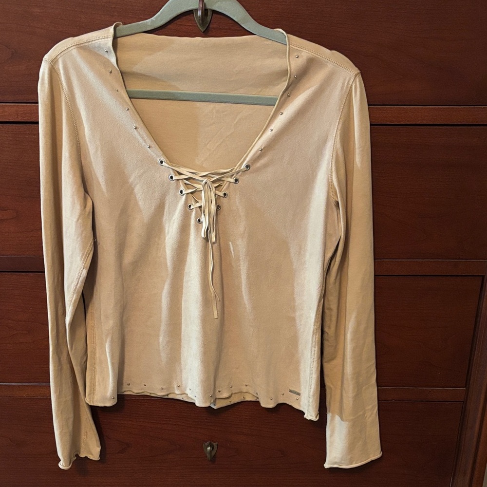 Votre Nom Lace-Up Tan Suede Long Sleeve Top